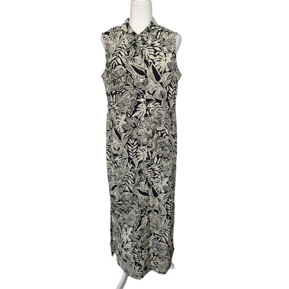 Carolina Colours Black Cream White Tropical Floral Sleeveless Maxi Dress Size 14